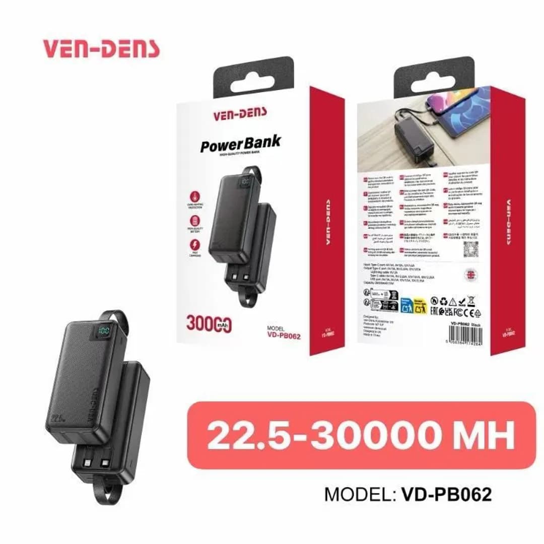 VEN-DENS VD-PB062 30000mAh Power Bank with Digital Display and Built-in Cables