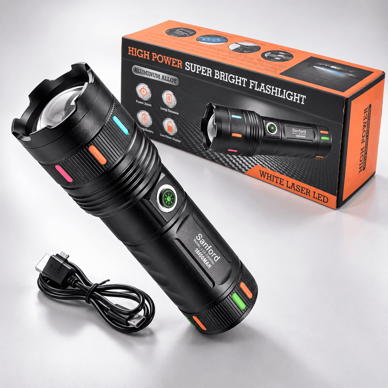 Sanford High Power Super Bright Tactical Flashlight (White Laser LED, Rechargeable)